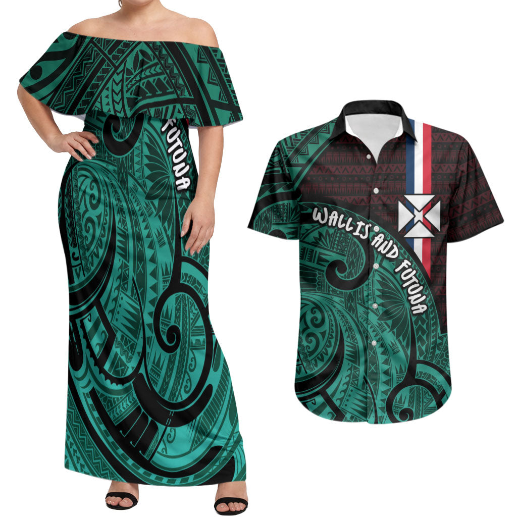 Wallis And Futuna Couples Matching Off Shoulder Maxi Dress and Hawaiian Shirt Tribal Polynesian Tattoo Heritage Cross Flag TS04 Green Black - Polynesian Pride