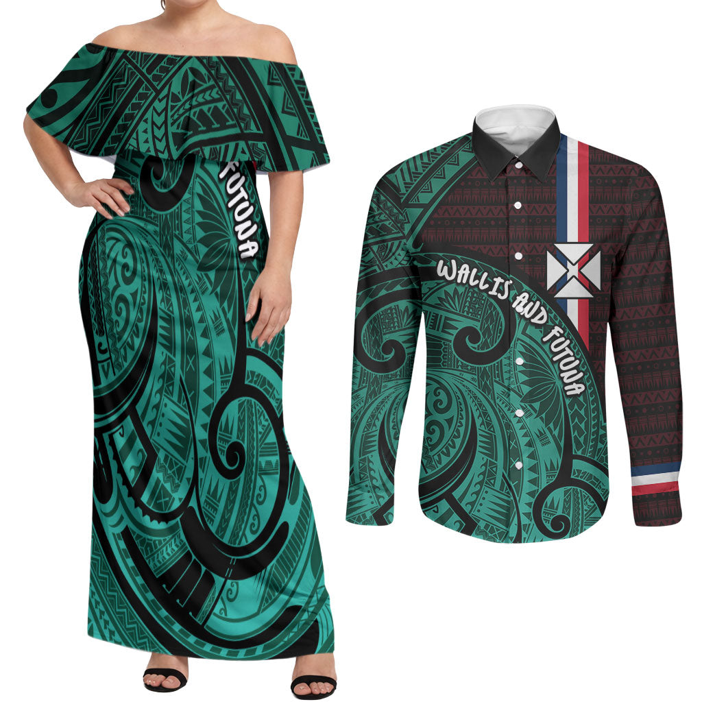 Wallis And Futuna Couples Matching Off Shoulder Maxi Dress and Long Sleeve Button Shirt Tribal Polynesian Tattoo Heritage Cross Flag TS04 Green Black - Polynesian Pride
