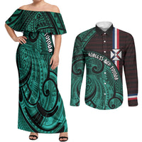 Wallis And Futuna Couples Matching Off Shoulder Maxi Dress and Long Sleeve Button Shirt Tribal Polynesian Tattoo Heritage Cross Flag TS04 Green Black - Polynesian Pride