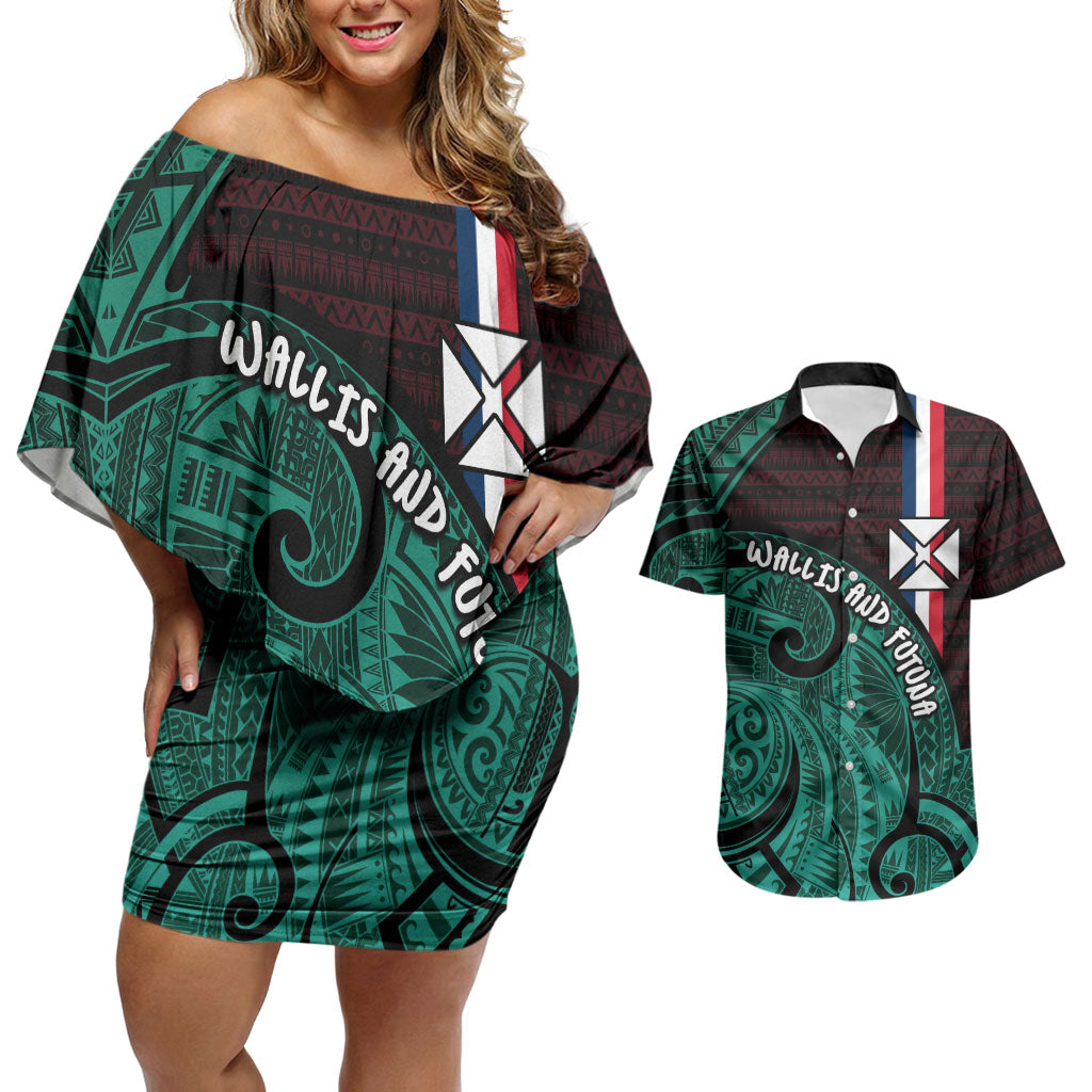 Wallis And Futuna Couples Matching Off Shoulder Short Dress and Hawaiian Shirt Tribal Polynesian Tattoo Heritage Cross Flag TS04 Green Black - Polynesian Pride