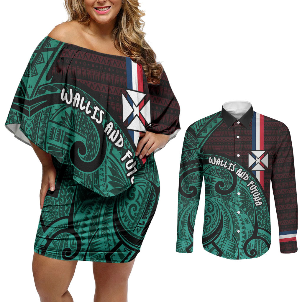 Wallis And Futuna Couples Matching Off Shoulder Short Dress and Long Sleeve Button Shirt Tribal Polynesian Tattoo Heritage Cross Flag TS04 Green Black - Polynesian Pride