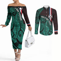 Wallis And Futuna Couples Matching Off The Shoulder Long Sleeve Dress and Long Sleeve Button Shirt Tribal Polynesian Tattoo Heritage Cross Flag TS04 Green Black - Polynesian Pride