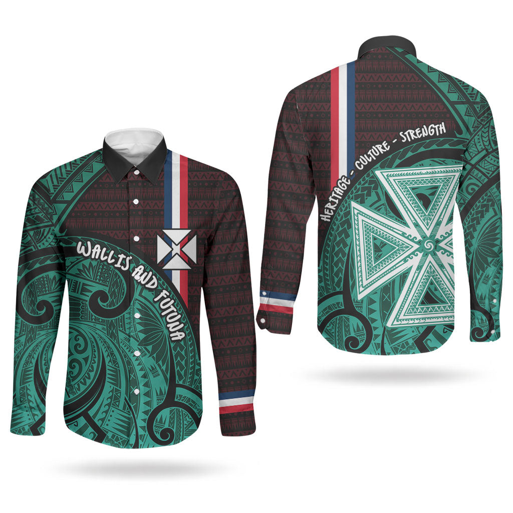 Wallis And Futuna Couples Matching Off The Shoulder Long Sleeve Dress and Long Sleeve Button Shirt Tribal Polynesian Tattoo Heritage Cross Flag TS04 - Polynesian Pride