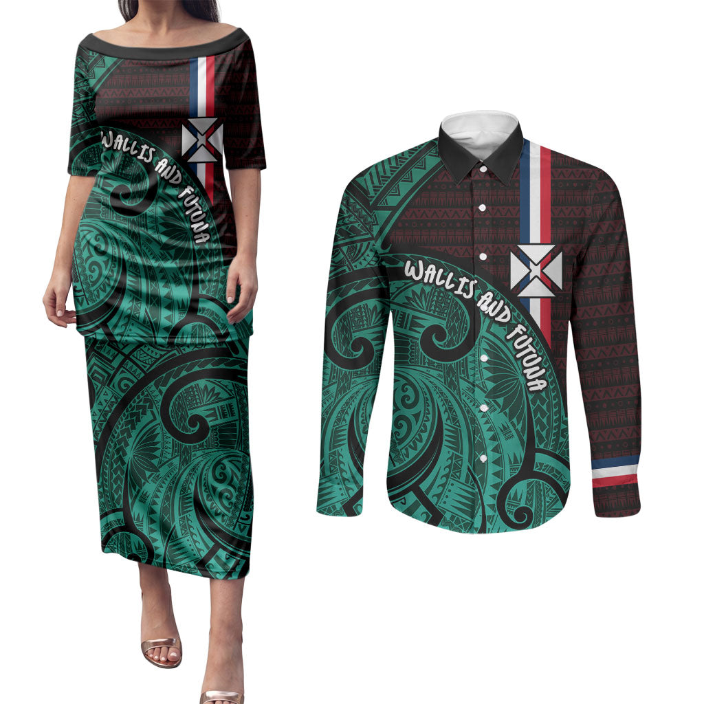Wallis And Futuna Couples Matching Puletasi and Long Sleeve Button Shirt Tribal Polynesian Tattoo Heritage Cross Flag TS04 Green Black - Polynesian Pride