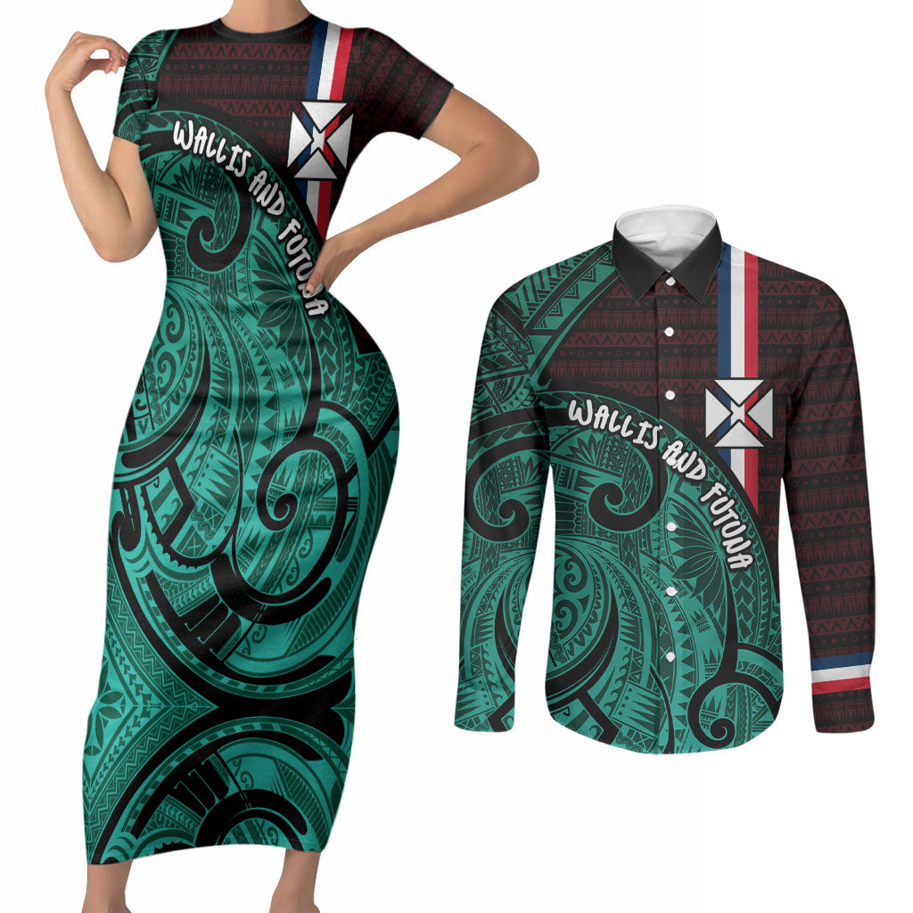 Wallis And Futuna Couples Matching Short Sleeve Bodycon Dress and Long Sleeve Button Shirt Tribal Polynesian Tattoo Heritage Cross Flag TS04 Green Black - Polynesian Pride