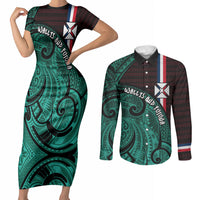 Wallis And Futuna Couples Matching Short Sleeve Bodycon Dress and Long Sleeve Button Shirt Tribal Polynesian Tattoo Heritage Cross Flag TS04 Green Black - Polynesian Pride