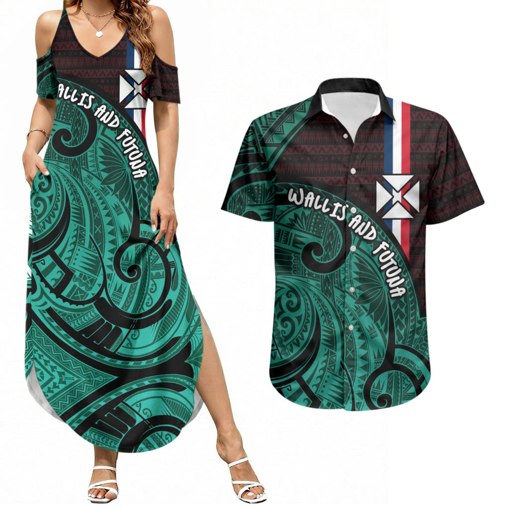 Wallis And Futuna Couples Matching Summer Maxi Dress and Hawaiian Shirt Tribal Polynesian Tattoo Heritage Cross Flag TS04 Green Black - Polynesian Pride