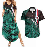 Wallis And Futuna Couples Matching Summer Maxi Dress and Hawaiian Shirt Tribal Polynesian Tattoo Heritage Cross Flag TS04 Green Black - Polynesian Pride