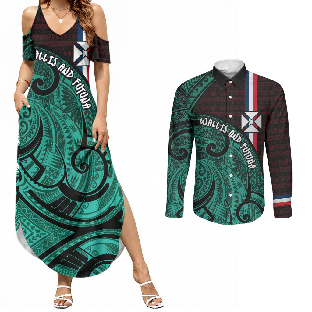 Wallis And Futuna Couples Matching Summer Maxi Dress and Long Sleeve Button Shirt Tribal Polynesian Tattoo Heritage Cross Flag TS04 Green Black - Polynesian Pride