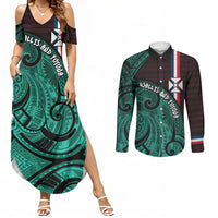 Wallis And Futuna Couples Matching Summer Maxi Dress and Long Sleeve Button Shirt Tribal Polynesian Tattoo Heritage Cross Flag TS04 Green Black - Polynesian Pride