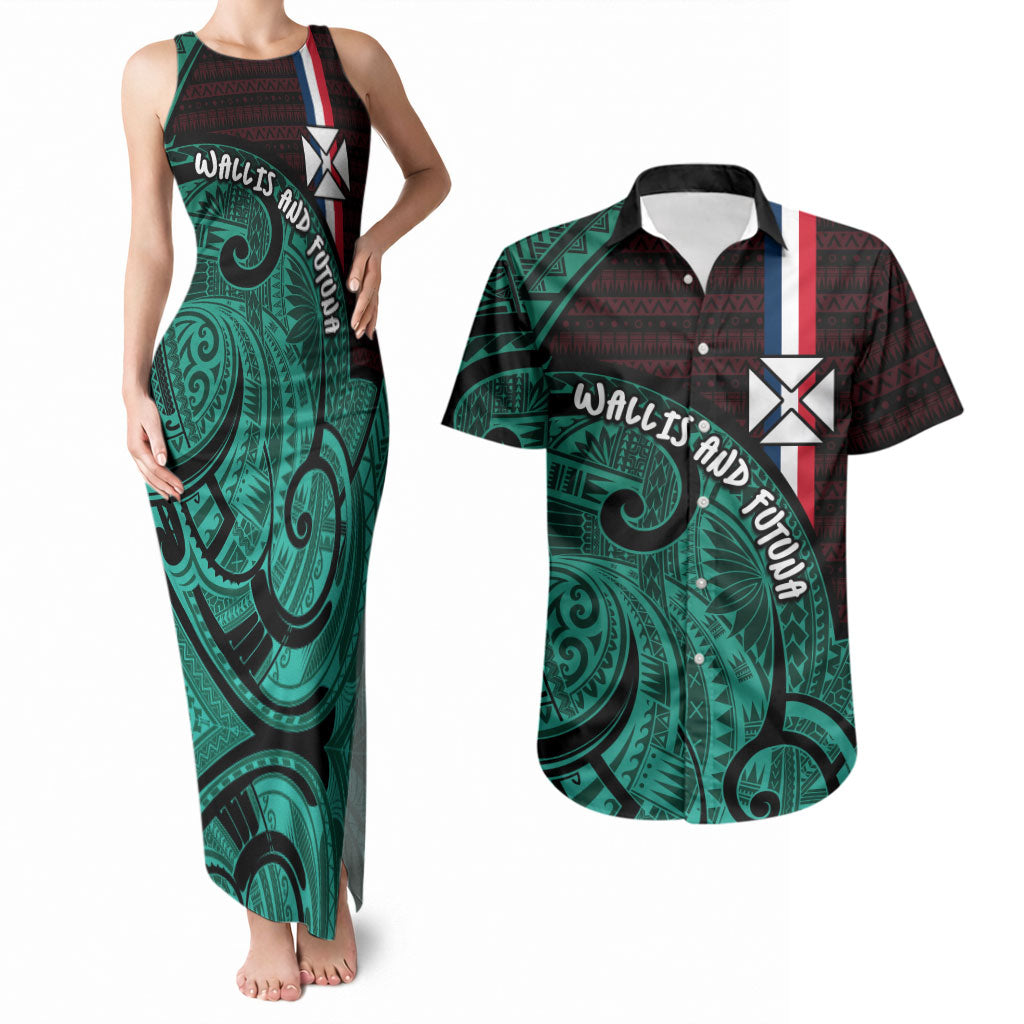 Wallis And Futuna Couples Matching Tank Maxi Dress and Hawaiian Shirt Tribal Polynesian Tattoo Heritage Cross Flag TS04 Green Black - Polynesian Pride