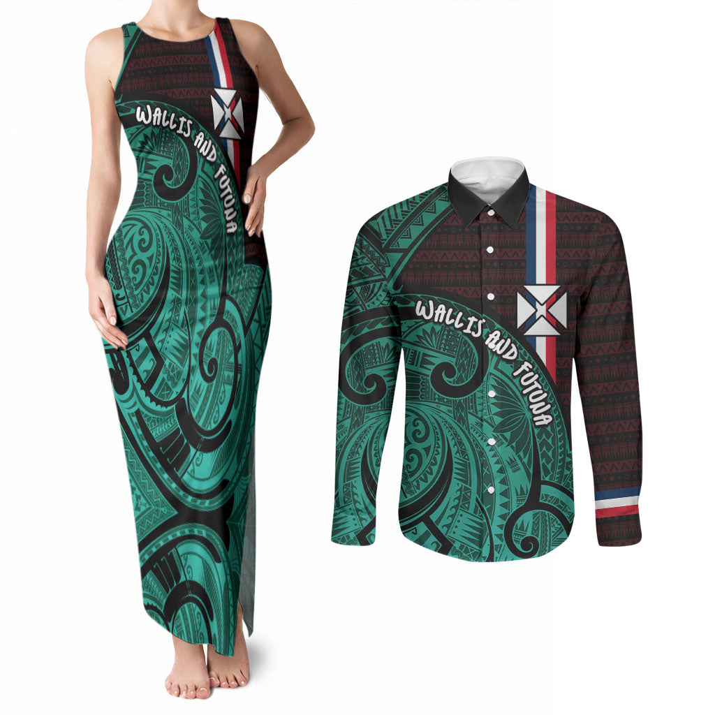 Wallis And Futuna Couples Matching Tank Maxi Dress and Long Sleeve Button Shirt Tribal Polynesian Tattoo Heritage Cross Flag TS04 Green Black - Polynesian Pride