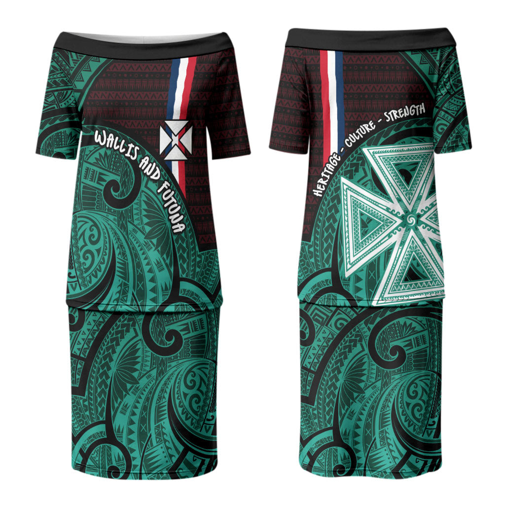 Wallis And Futuna Family Matching Puletasi and Hawaiian Shirt Tribal Polynesian Tattoo Heritage Cross Flag TS04 Mom's Dress Green Black - Polynesian Pride