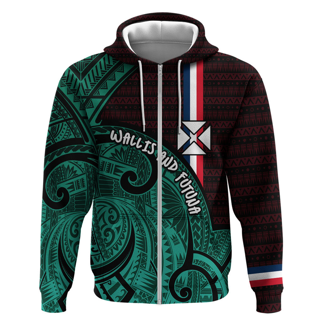 Wallis And Futuna Hoodie Tribal Polynesian Tattoo Heritage Cross Flag TS04 Zip Hoodie Green Black - Polynesian Pride
