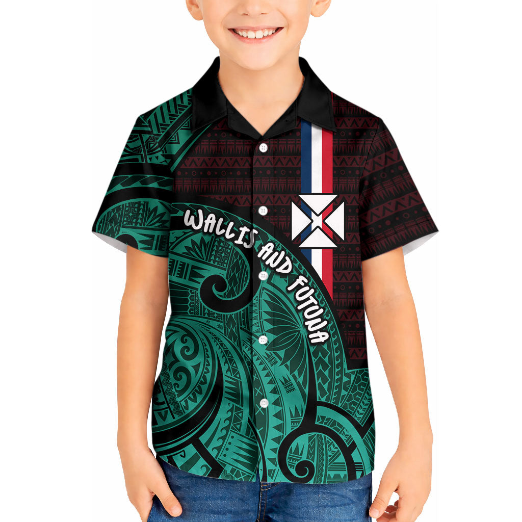 Wallis And Futuna Kid Hawaiian Shirt Tribal Polynesian Tattoo Heritage Cross Flag TS04 Kid Green Black - Polynesian Pride