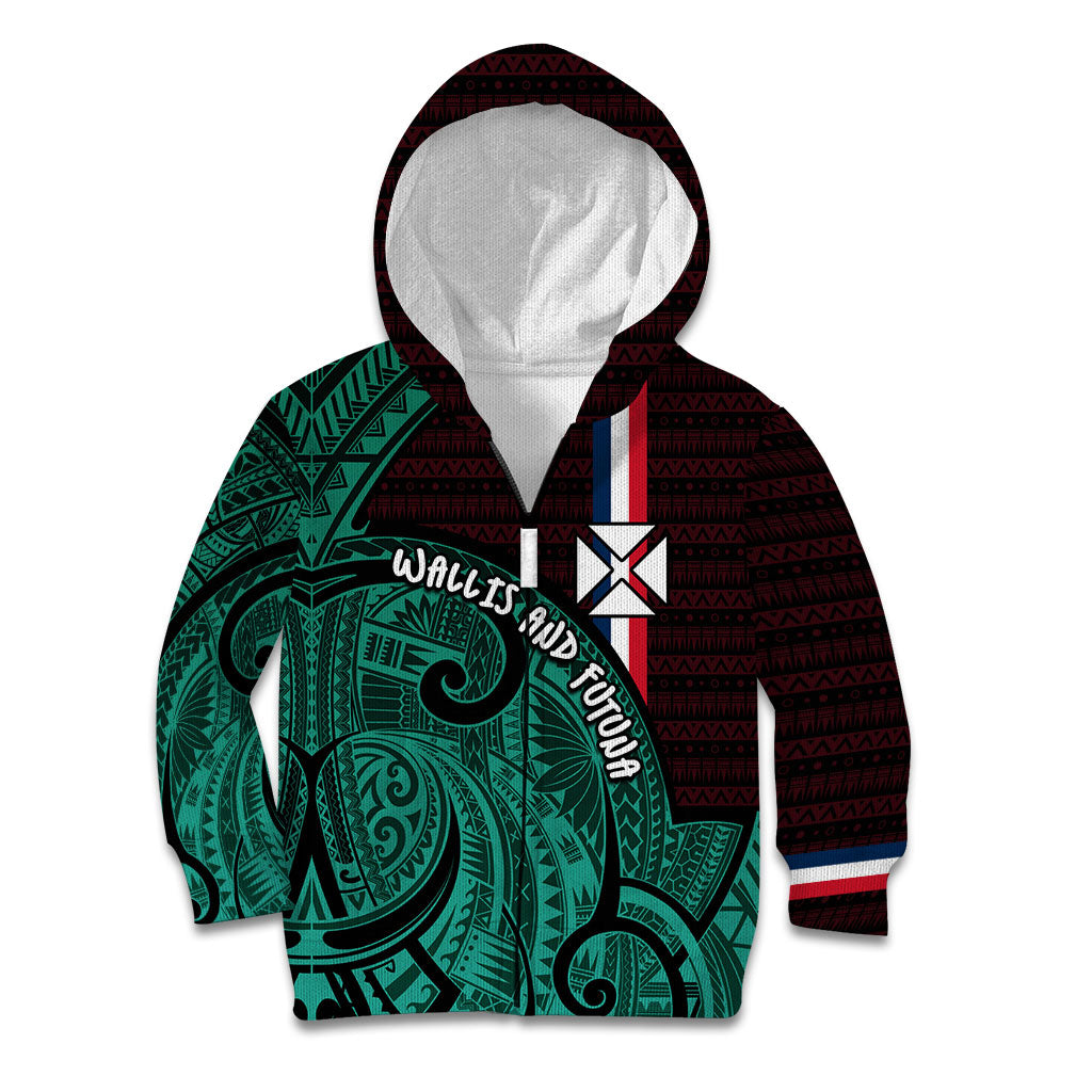 Wallis And Futuna Kid Hoodie Tribal Polynesian Tattoo Heritage Cross Flag TS04 Zip Hoodie Green Black - Polynesian Pride