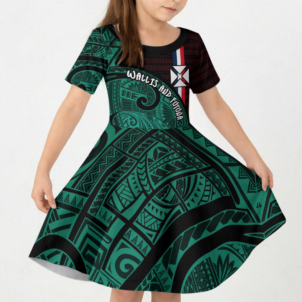Wallis And Futuna Kid Short Sleeve Dress Tribal Polynesian Tattoo Heritage Cross Flag TS04 KID Green Black - Polynesian Pride