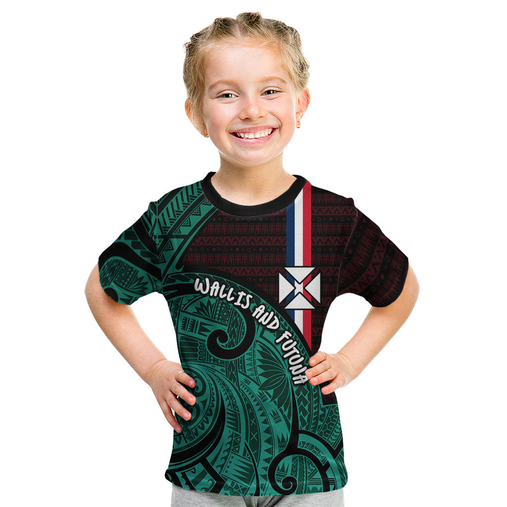 Wallis And Futuna Kid T Shirt Tribal Polynesian Tattoo Heritage Cross Flag TS04 Green Black - Polynesian Pride