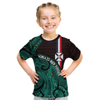 Wallis And Futuna Kid T Shirt Tribal Polynesian Tattoo Heritage Cross Flag TS04 Green Black - Polynesian Pride