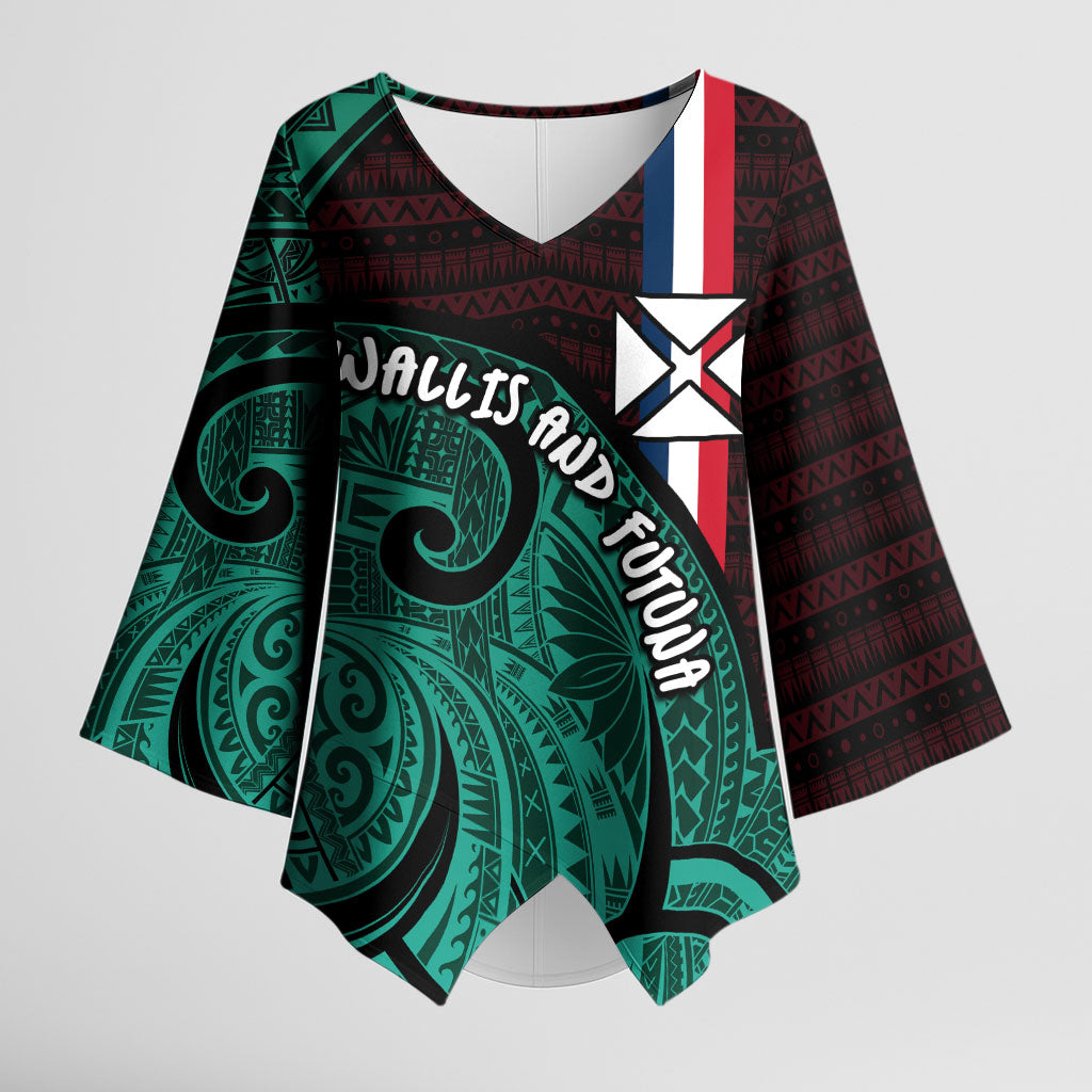 Wallis And Futuna Kimono Sleeve Blouse Tribal Polynesian Tattoo Heritage Cross Flag TS04 Female Green Black - Polynesian Pride