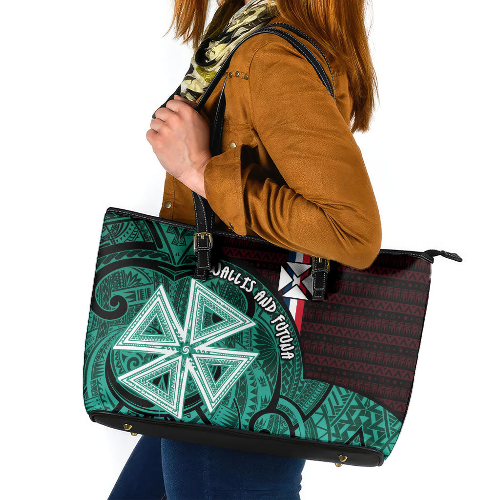 Wallis And Futuna Leather Tote Bag Tribal Polynesian Tattoo Heritage Cross Flag TS04 Green Black - Polynesian Pride