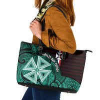 Wallis And Futuna Leather Tote Bag Tribal Polynesian Tattoo Heritage Cross Flag TS04 Green Black - Polynesian Pride
