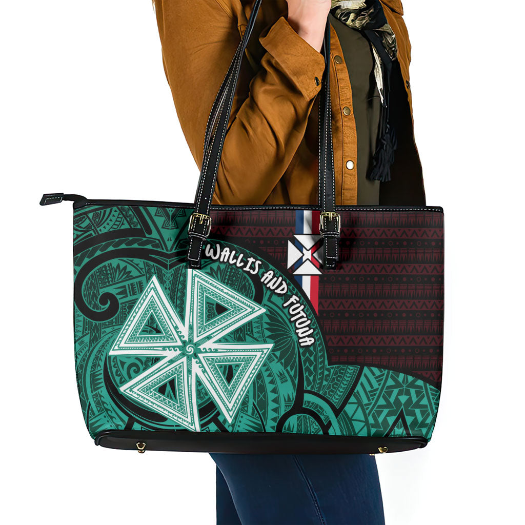 Wallis And Futuna Leather Tote Bag Tribal Polynesian Tattoo Heritage Cross Flag TS04 - Polynesian Pride
