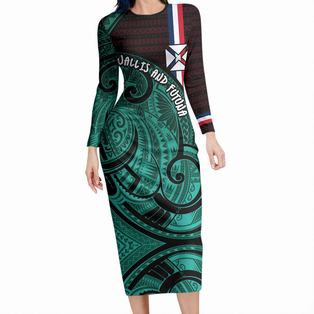 Wallis And Futuna Long Sleeve Bodycon Dress Tribal Polynesian Tattoo Heritage Cross Flag TS04 Long Dress Green Black - Polynesian Pride