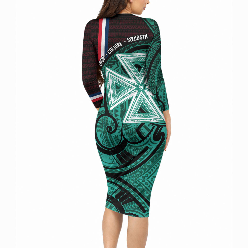 Wallis And Futuna Long Sleeve Bodycon Dress Tribal Polynesian Tattoo Heritage Cross Flag TS04 - Polynesian Pride
