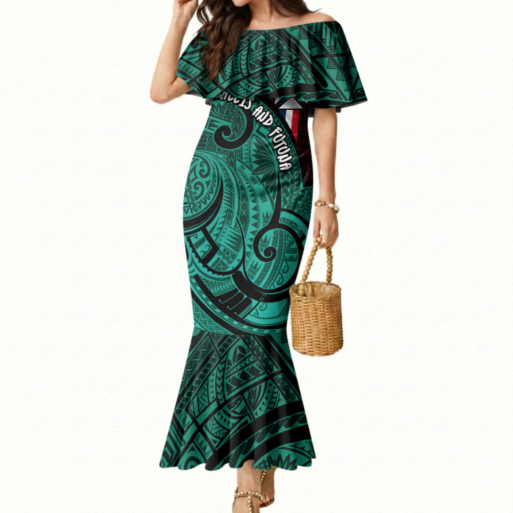 Wallis And Futuna Mermaid Dress Tribal Polynesian Tattoo Heritage Cross Flag TS04 Women Green Black - Polynesian Pride