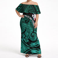 Wallis And Futuna Off Shoulder Maxi Dress Tribal Polynesian Tattoo Heritage Cross Flag TS04 Women Green Black - Polynesian Pride