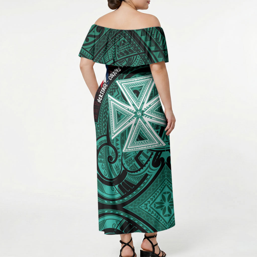 Wallis And Futuna Off Shoulder Maxi Dress Tribal Polynesian Tattoo Heritage Cross Flag TS04 - Polynesian Pride