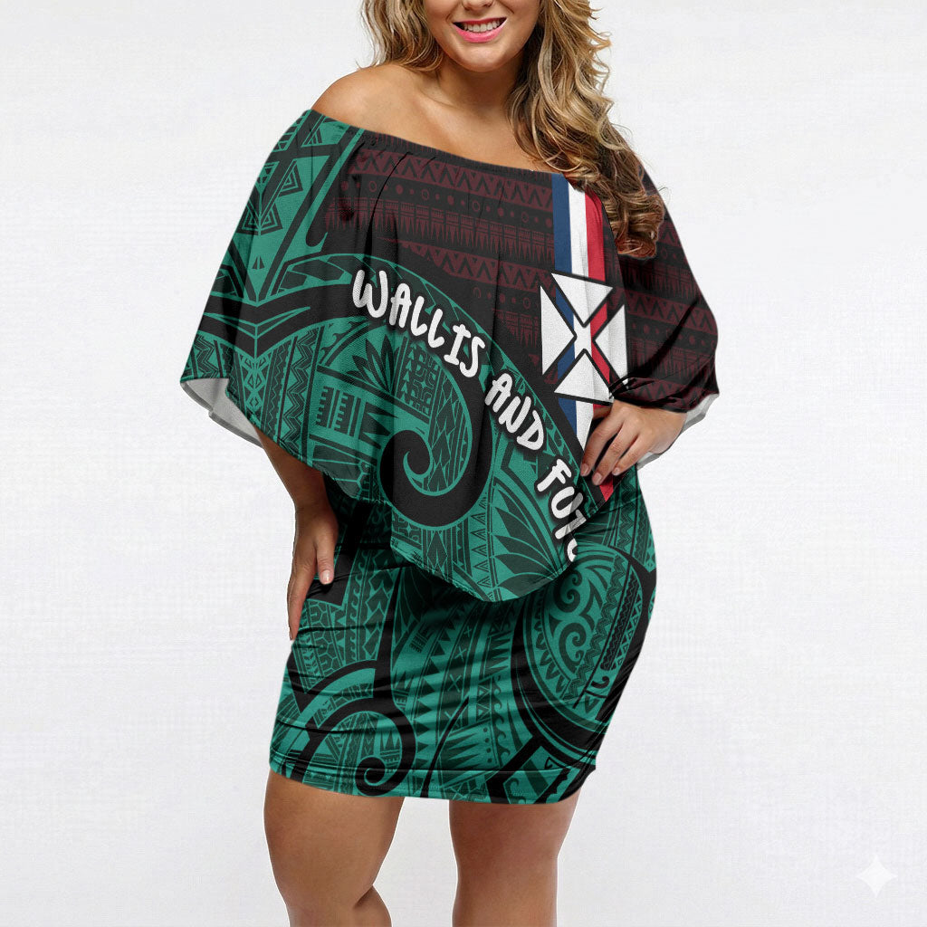 Wallis And Futuna Off Shoulder Short Dress Tribal Polynesian Tattoo Heritage Cross Flag TS04 Women Green Black - Polynesian Pride