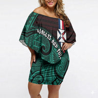 Wallis And Futuna Off Shoulder Short Dress Tribal Polynesian Tattoo Heritage Cross Flag TS04 Women Green Black - Polynesian Pride