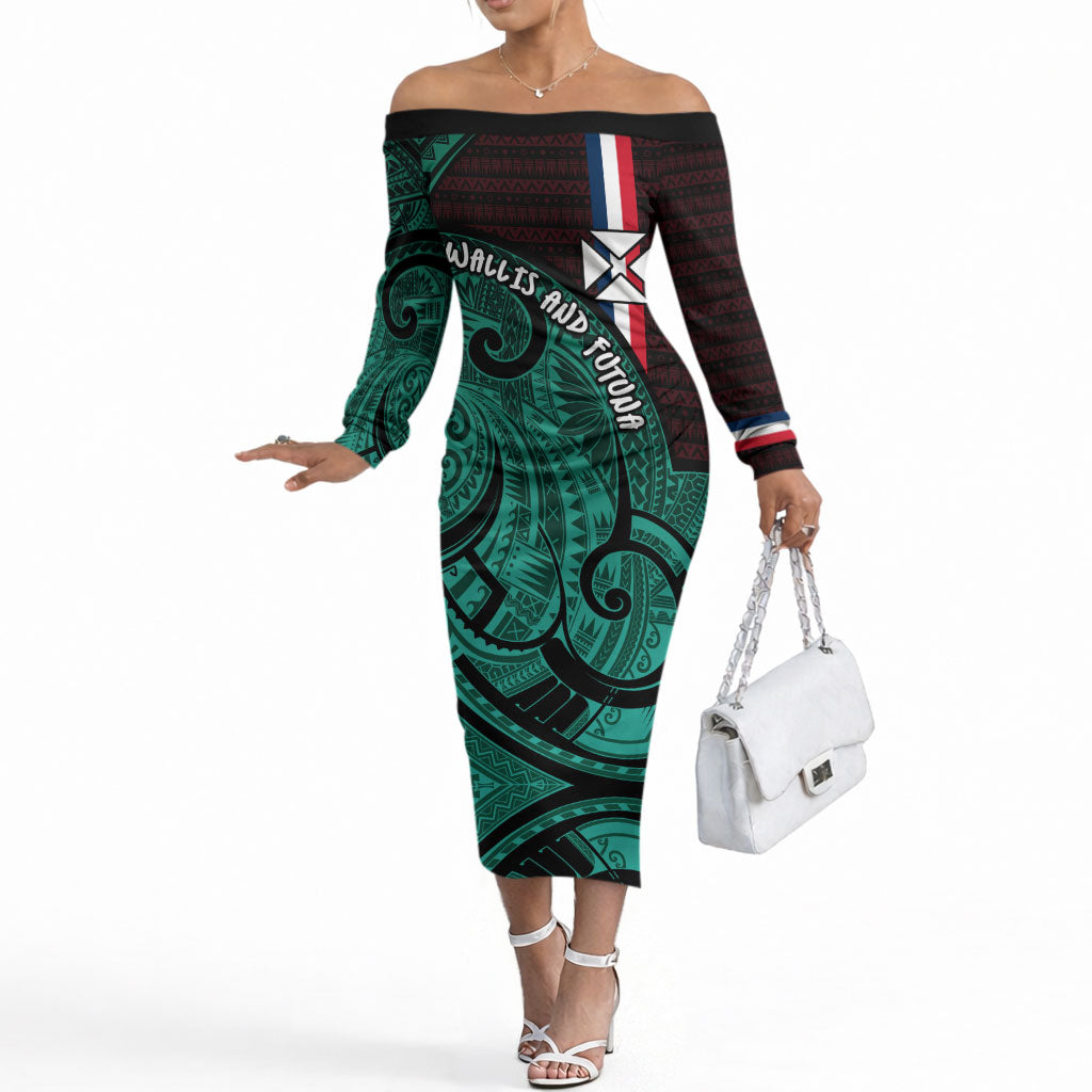 Wallis And Futuna Off The Shoulder Long Sleeve Dress Tribal Polynesian Tattoo Heritage Cross Flag TS04 Women Green Black - Polynesian Pride