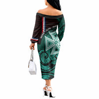Wallis And Futuna Off The Shoulder Long Sleeve Dress Tribal Polynesian Tattoo Heritage Cross Flag TS04 - Polynesian Pride