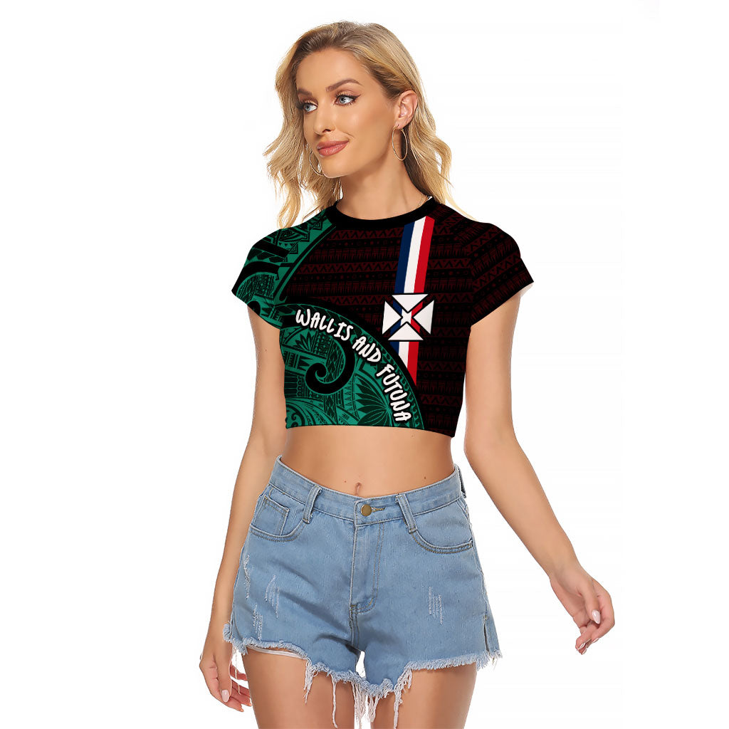 Wallis And Futuna Raglan Cropped T Shirt Tribal Polynesian Tattoo Heritage Cross Flag TS04 Female Green Black - Polynesian Pride