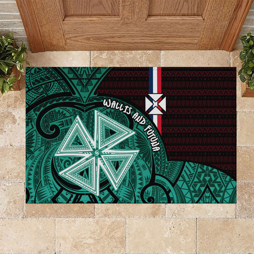 Wallis And Futuna Rubber Doormat Tribal Polynesian Tattoo Heritage Cross Flag TS04 Green Black - Polynesian Pride