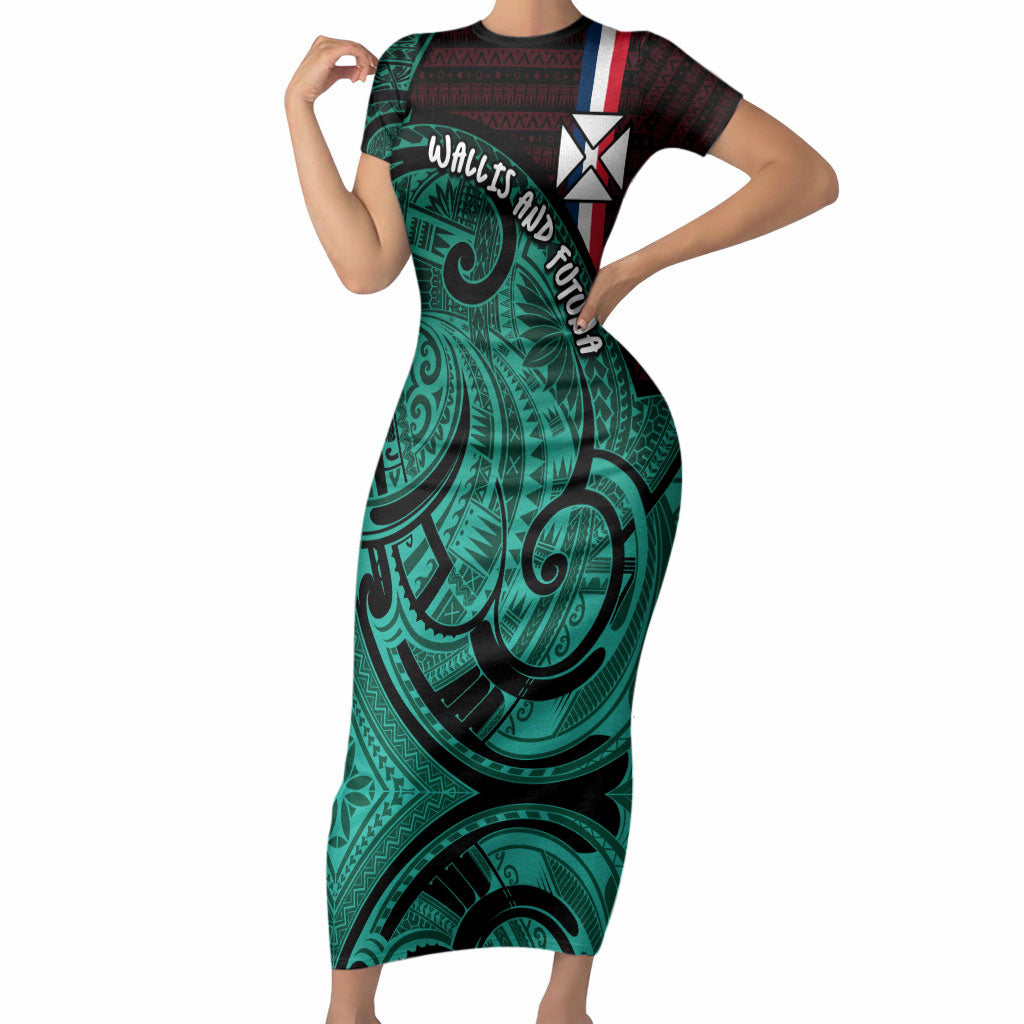 Wallis And Futuna Short Sleeve Bodycon Dress Tribal Polynesian Tattoo Heritage Cross Flag TS04 Long Dress Green Black - Polynesian Pride