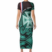 Wallis And Futuna Short Sleeve Bodycon Dress Tribal Polynesian Tattoo Heritage Cross Flag TS04 - Polynesian Pride