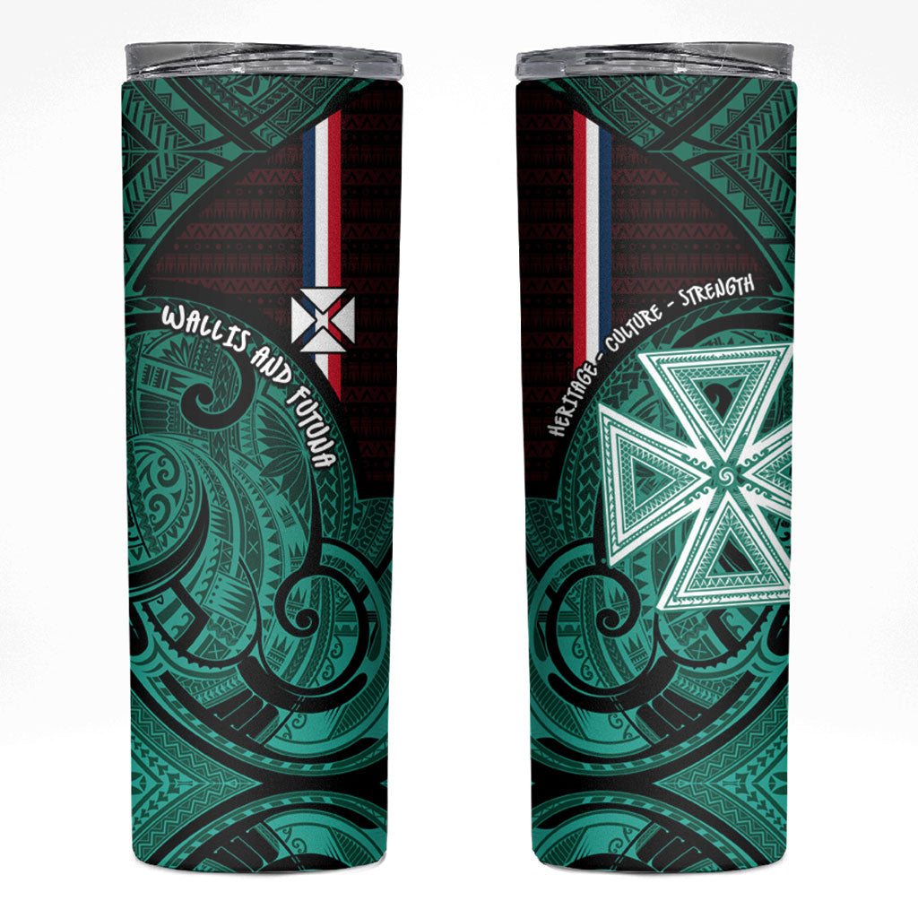 Wallis And Futuna Skinny Tumbler Tribal Polynesian Tattoo Heritage Cross Flag TS04 Green Black - Polynesian Pride