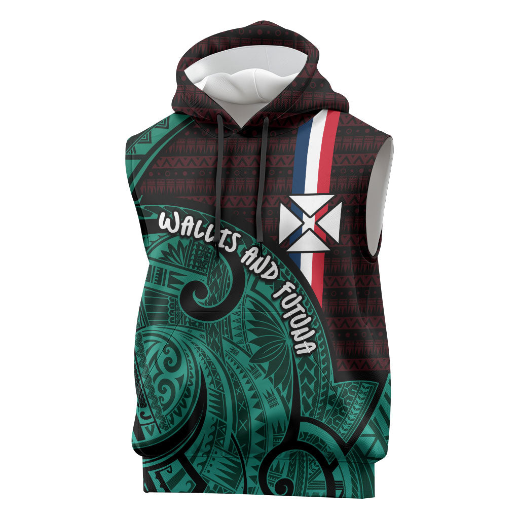 Wallis And Futuna Sleeveless Hoodie Tribal Polynesian Tattoo Heritage Cross Flag TS04 Green Black - Polynesian Pride