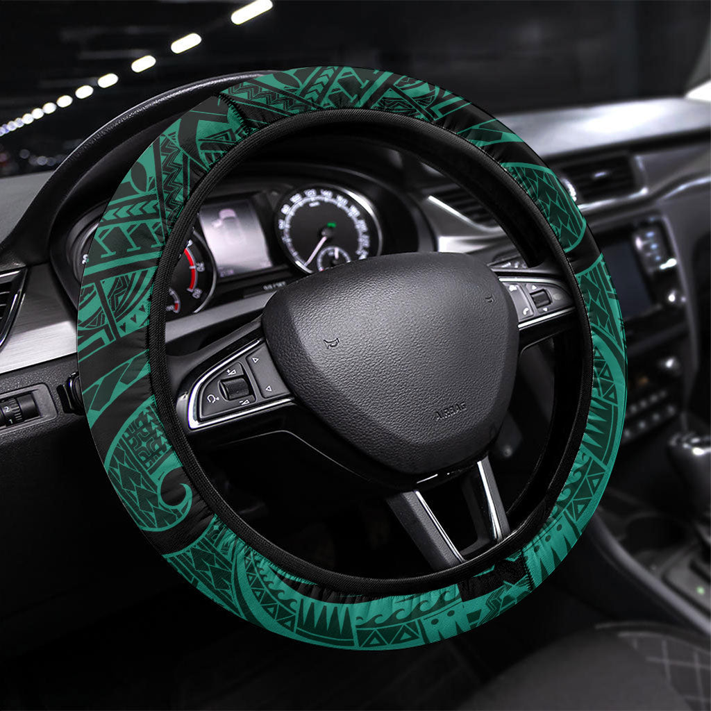 Wallis And Futuna Steering Wheel Cover Tribal Polynesian Tattoo Heritage Cross Flag TS04 Universal Fit Green Black - Polynesian Pride