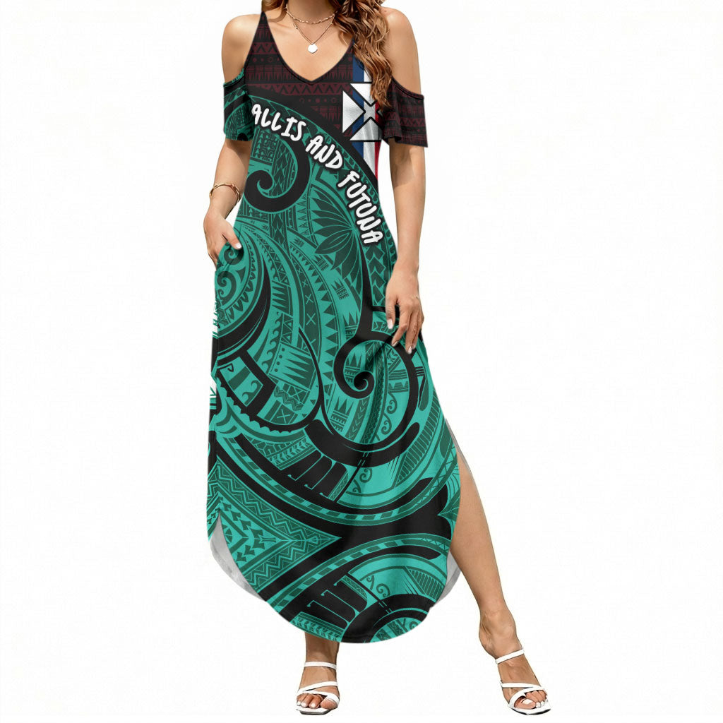 Wallis And Futuna Summer Maxi Dress Tribal Polynesian Tattoo Heritage Cross Flag TS04 Women Green Black - Polynesian Pride