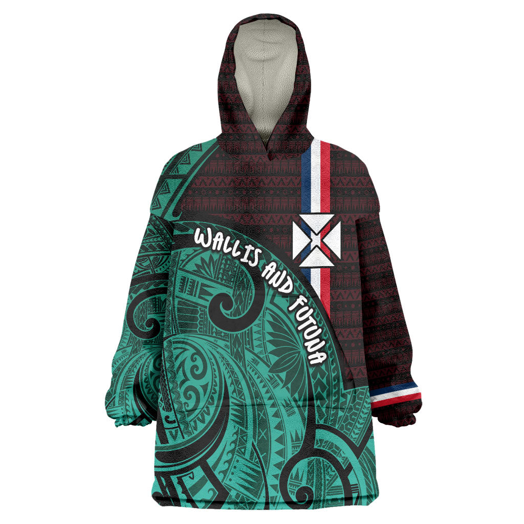 Wallis And Futuna Wearable Blanket Hoodie Tribal Polynesian Tattoo Heritage Cross Flag TS04 One Size Green Black - Polynesian Pride