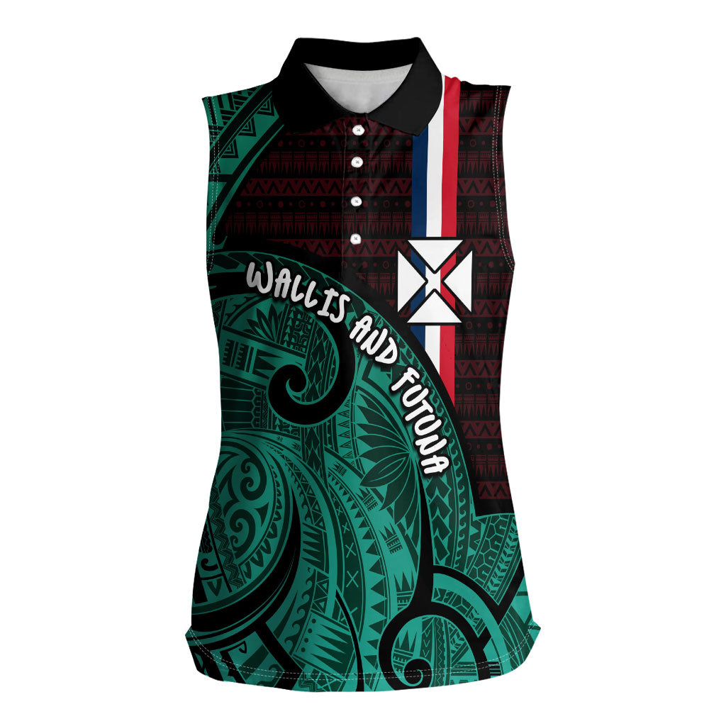 Wallis And Futuna Women Sleeveless Polo Shirt Tribal Polynesian Tattoo Heritage Cross Flag TS04 Female Green Black - Polynesian Pride