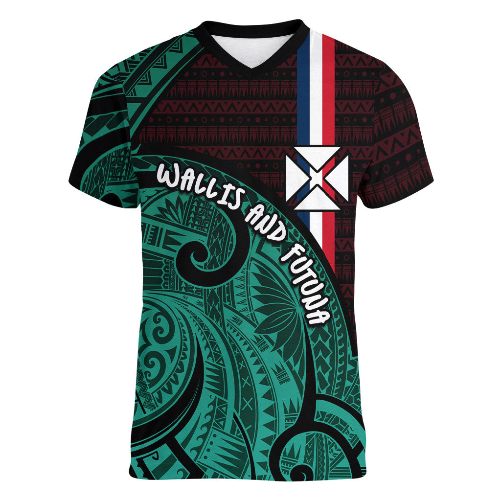 Wallis And Futuna Women V-Neck T-Shirt Tribal Polynesian Tattoo Heritage Cross Flag TS04 Female Green Black - Polynesian Pride