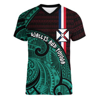 Wallis And Futuna Women V-Neck T-Shirt Tribal Polynesian Tattoo Heritage Cross Flag TS04 Female Green Black - Polynesian Pride