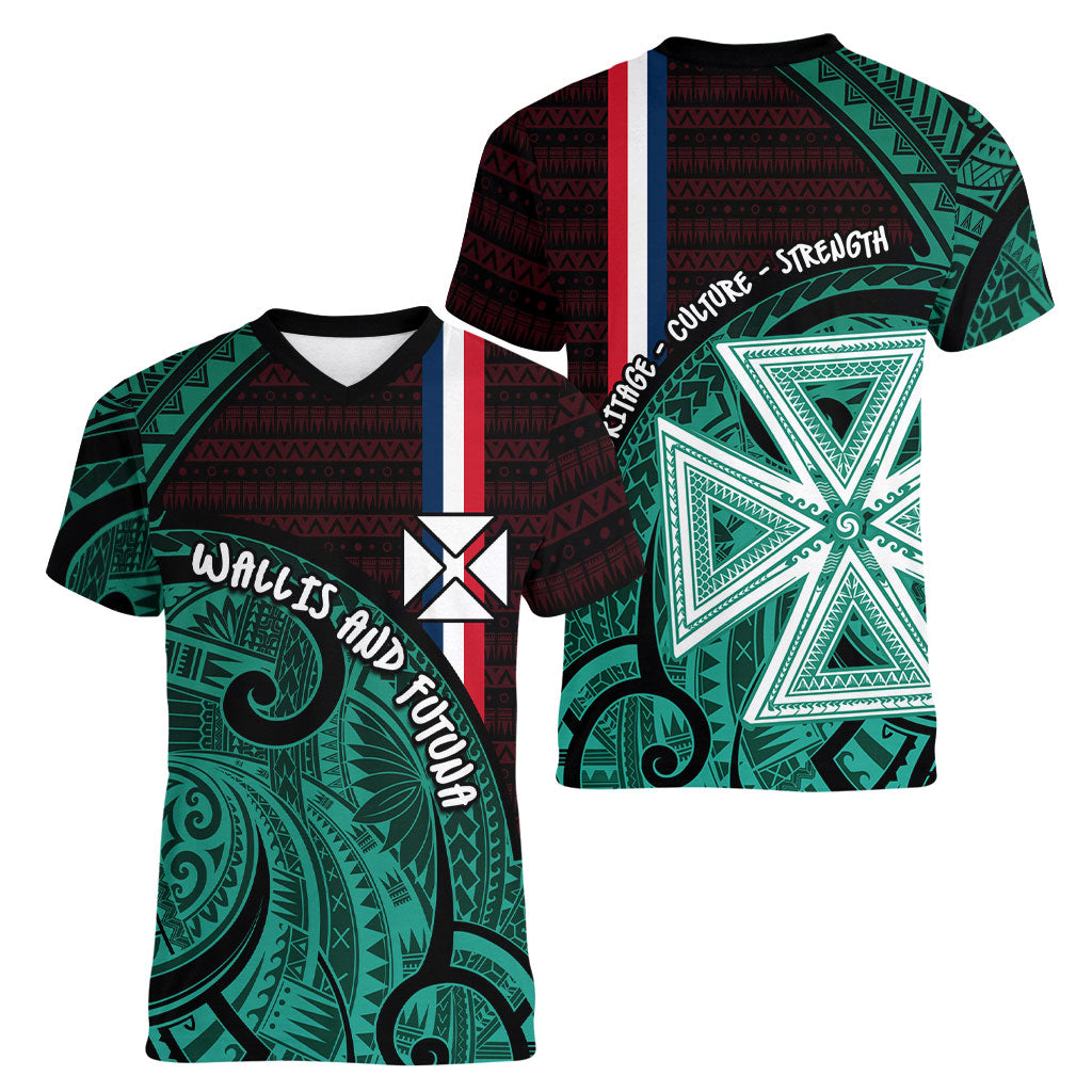 Wallis And Futuna Women V-Neck T-Shirt Tribal Polynesian Tattoo Heritage Cross Flag TS04 - Polynesian Pride