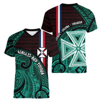 Wallis And Futuna Women V-Neck T-Shirt Tribal Polynesian Tattoo Heritage Cross Flag TS04 - Polynesian Pride